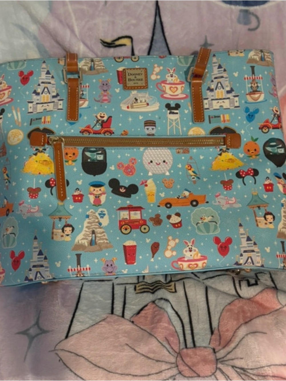 Dooney & Bourke Light Blue Disney Park Icons Tote with Brown Trim